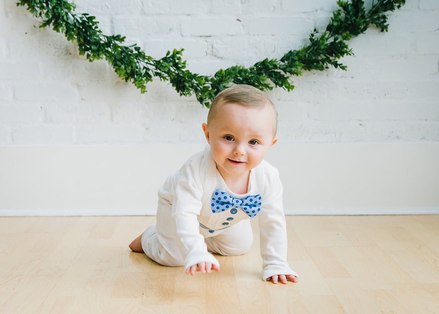 Baby Boy Tuxedo Outfit with Blue Polka Dot Accents