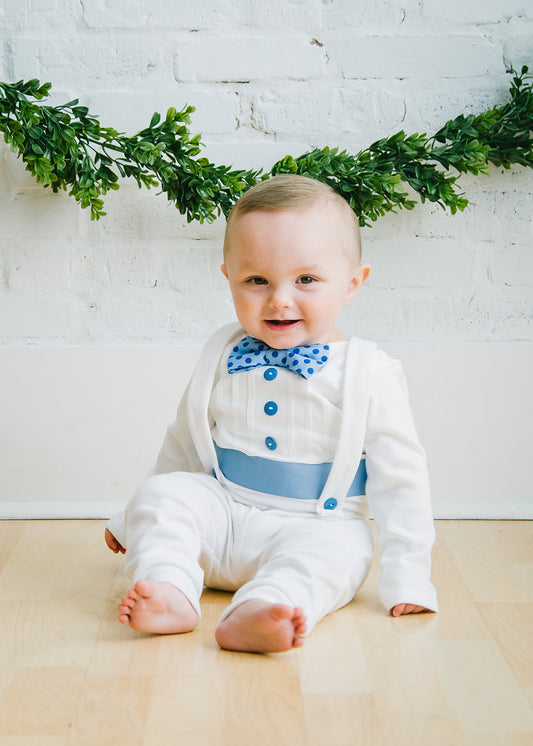 Baby Boy Tuxedo Outfit with Blue Polka Dot Accents