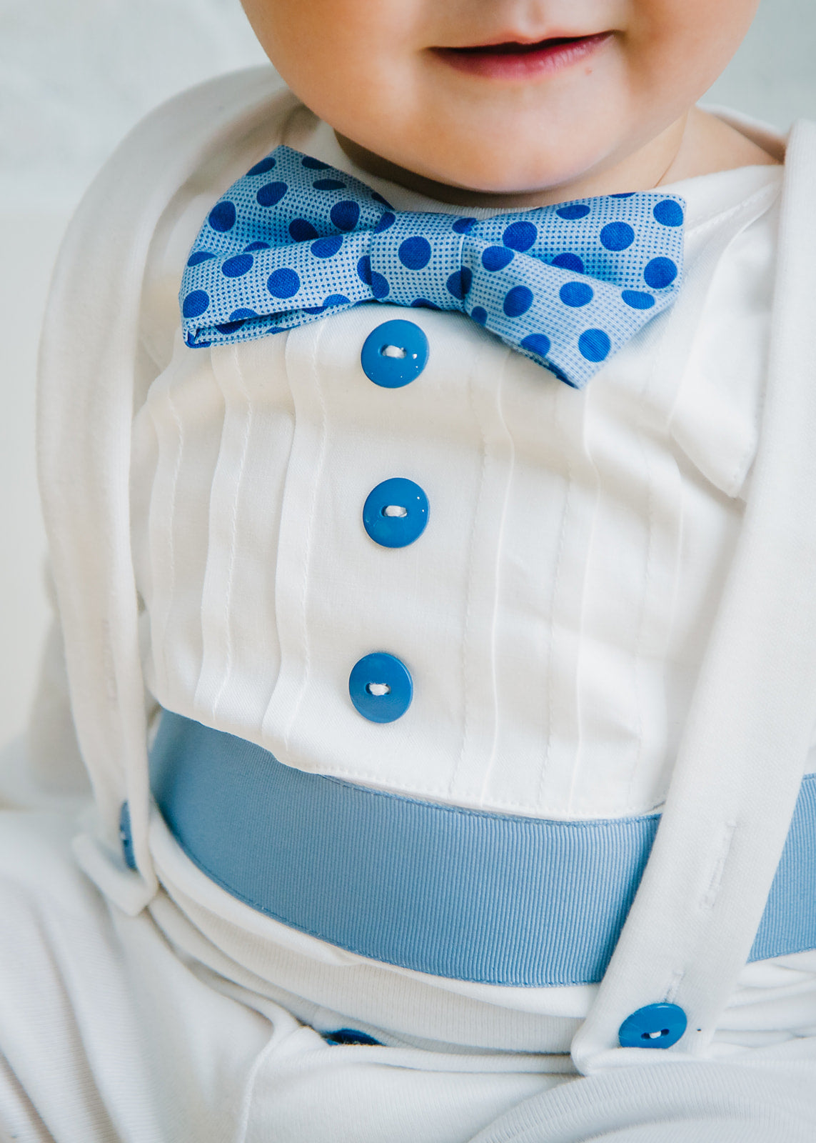 Baby Boy Tuxedo Outfit with Blue Polka Dot Accents