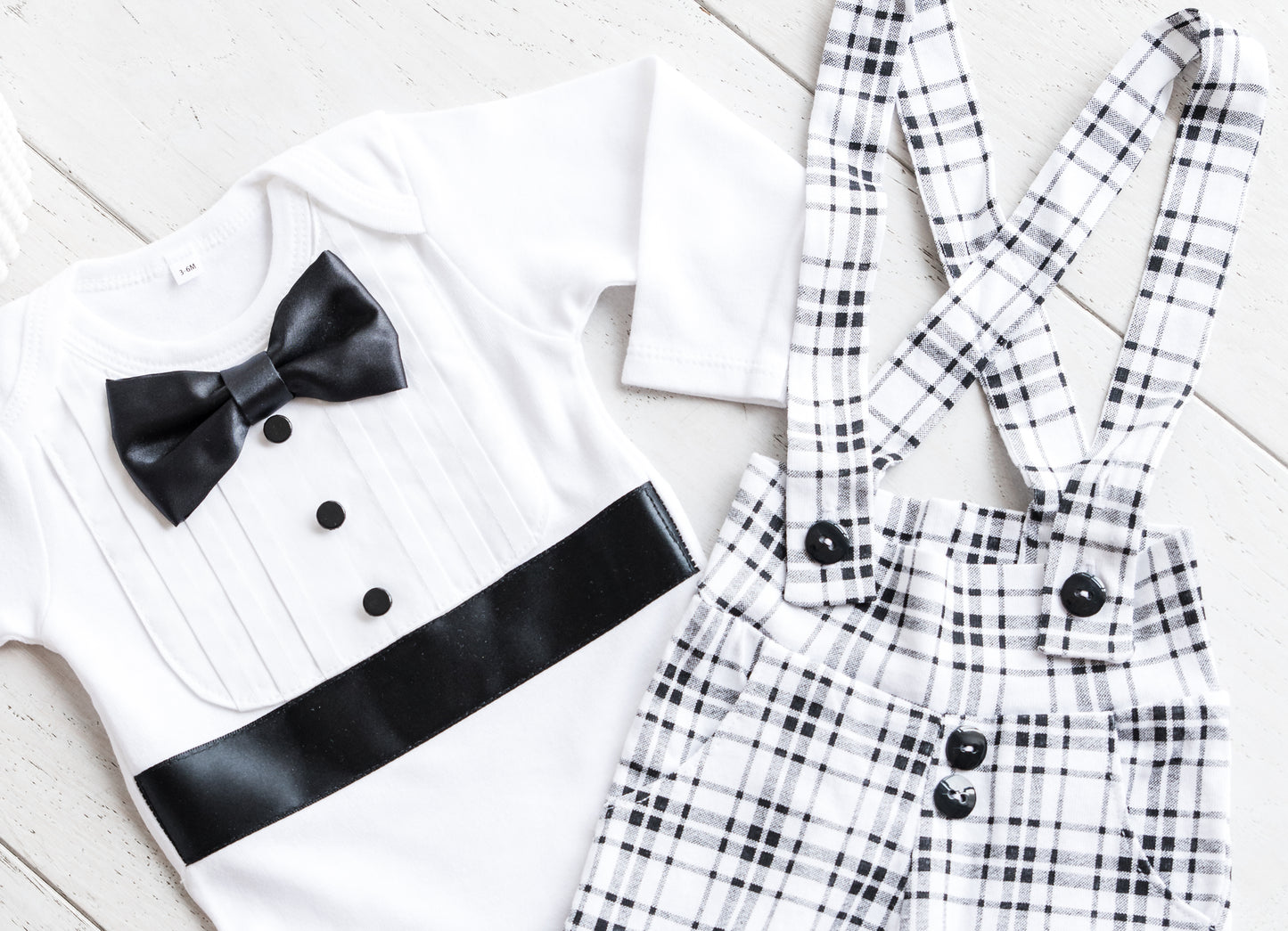 Baby Boy Leggings with Suspenders - Black & White Plaid