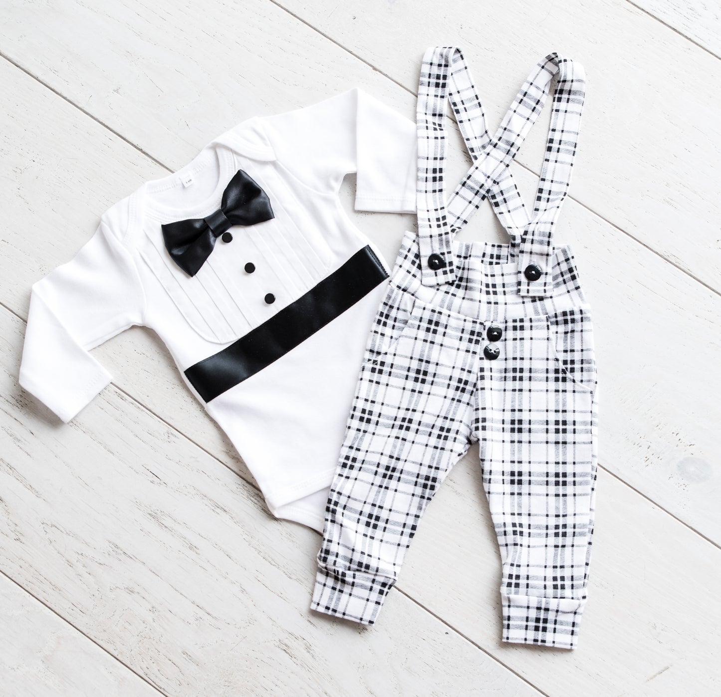 Baby Boy Leggings with Suspenders - Black & White Plaid