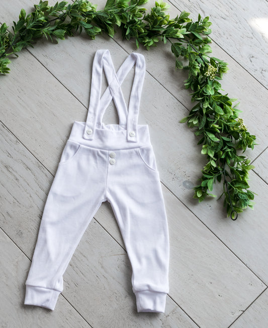 Baby Boy Leggings with Suspenders - White with White Accents