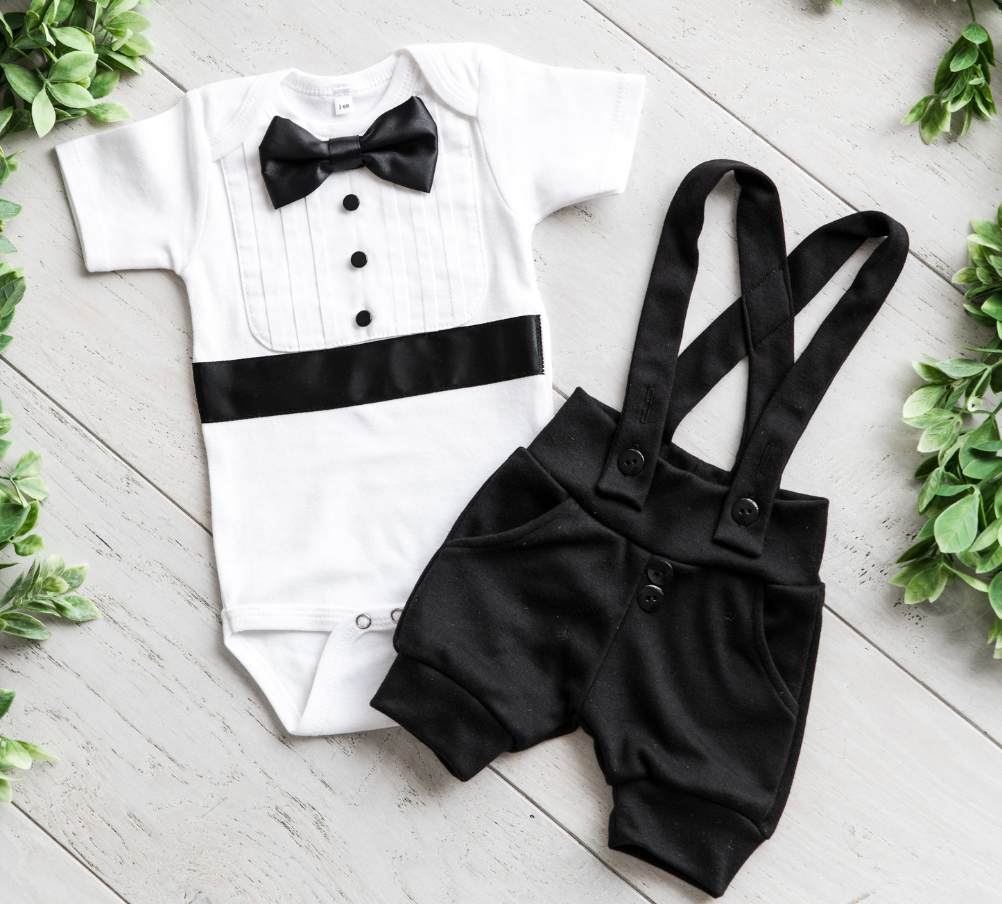 Tuxedo Outfit with Black Shorts and Black & White Accents