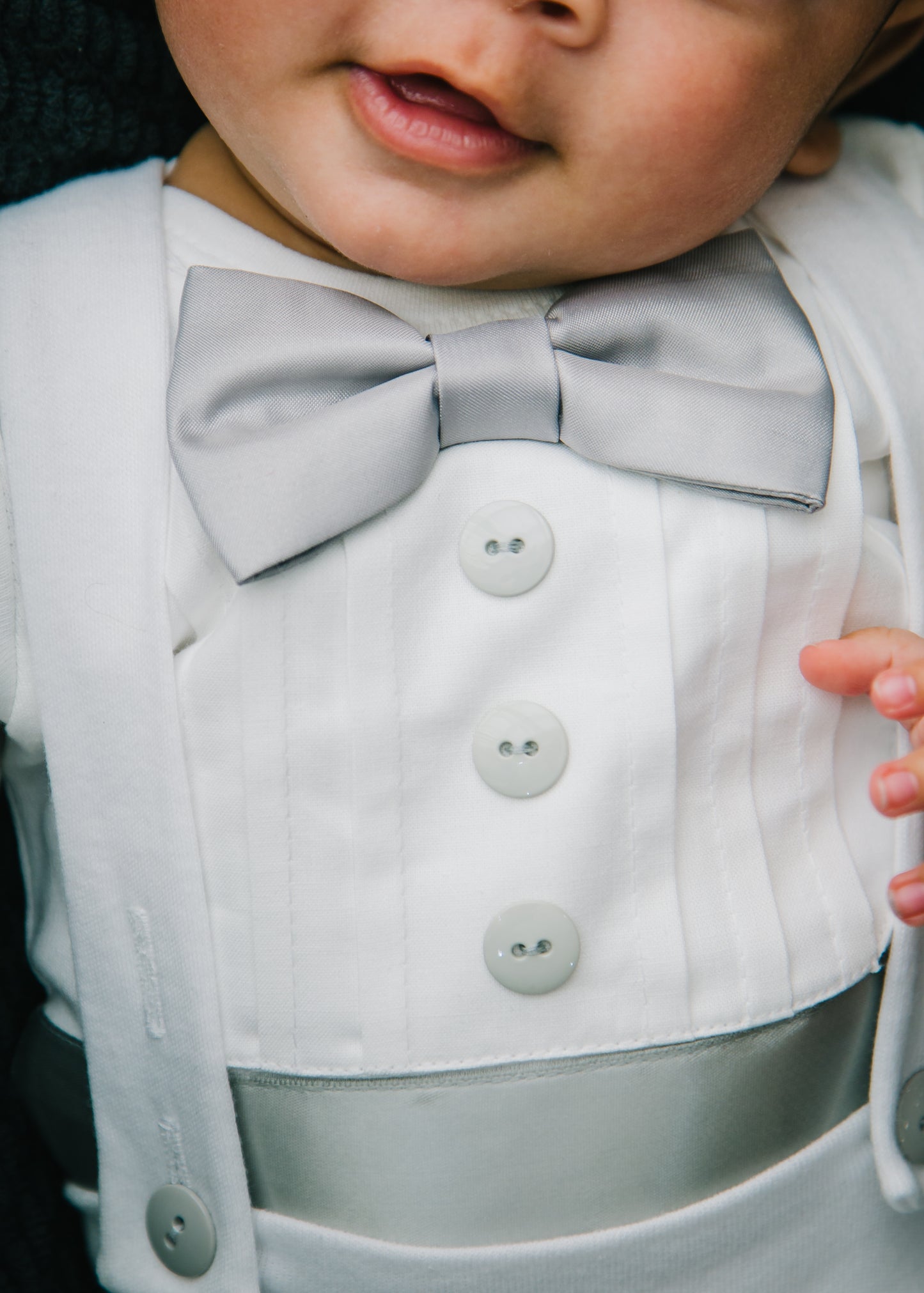 Tuxedo Outfit with White Shorts and Gray Accents