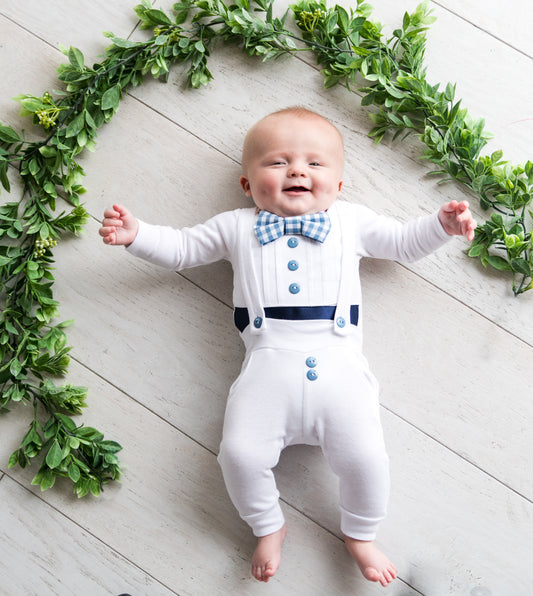 Tuxedo Outfit with White Leggings and Navy Blue & Gingham Accents