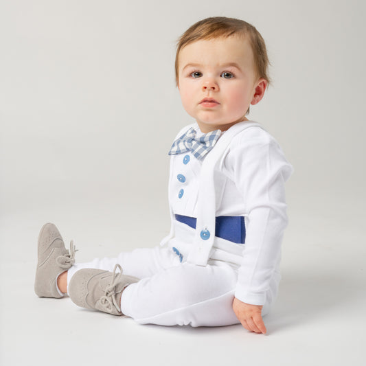 Tuxedo Outfit with White Leggings and Navy Blue & Gingham Accents