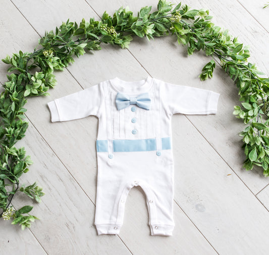 Baby Boy Tuxedo Romper - Baby Blue Accents