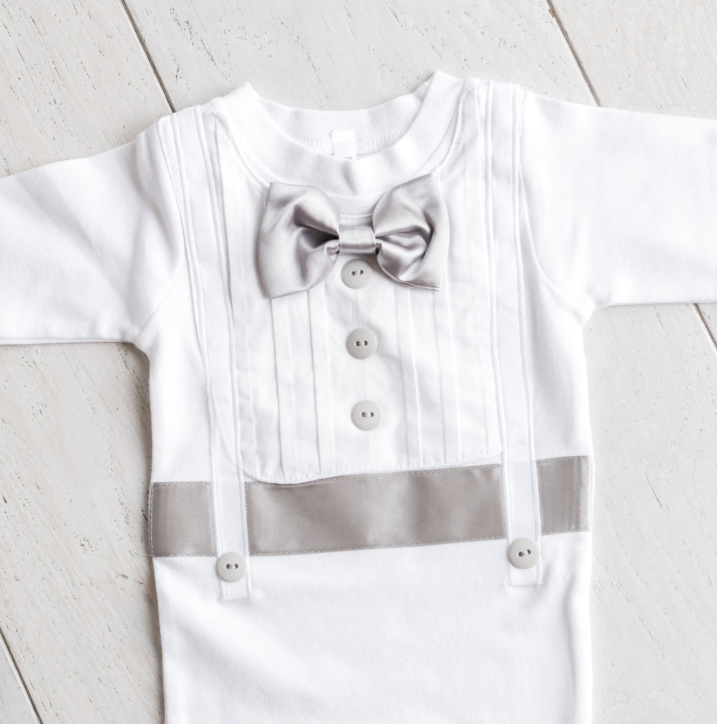 Baby Boy Tuxedo Romper - Gray Accents