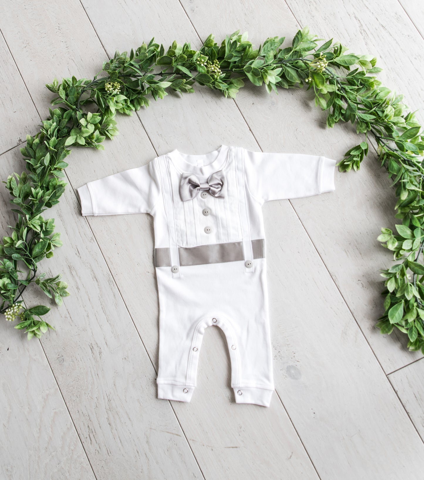 Baby Boy Tuxedo Romper - Gray Accents