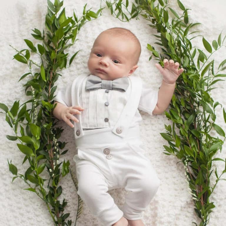 White and Grey Boy Baptism Outfit with Bow Tie & Accents